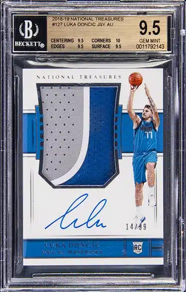 2018-19 Panini National Treasures Rookie Patch Autograph (RPA) #127 Luka Doncic Signed Patch Rookie Card (#14/99) - BGS GEM MINT 9.5