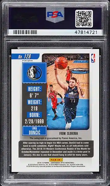 2018 Panini Contenders Optic Holo Shooting Luka Doncic ROOKIE AUTO #128 PSA 10 back side