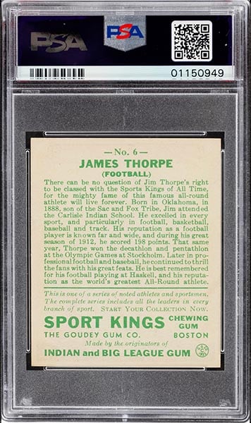 1933 Goudey Sport Kings Jim Thorpe rookie card #6 graded PSA 9