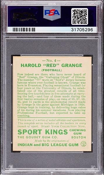 1933 Goudey Sport Kings Red Grange RC #4 graded PSA 9 back