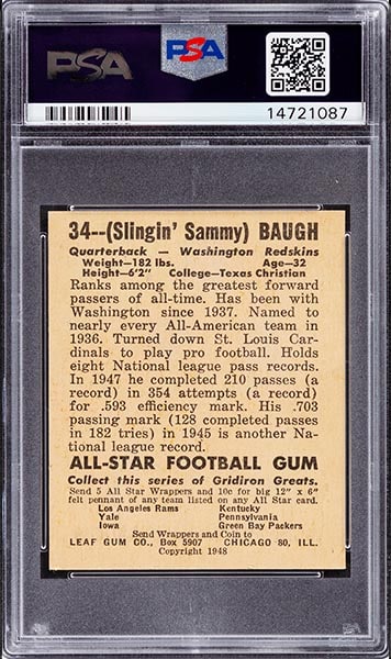1948 Leaf Sammy Baugh rookie card Red Shirt Variation #34 back