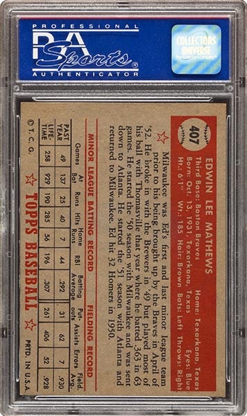 1952 Topps Eddie Mathews rookie card #407 graded PSA 8 back side