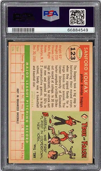 Sandy Koufax 1955 Topps #123 Brooklyn Dodgers Baseball Card SGC