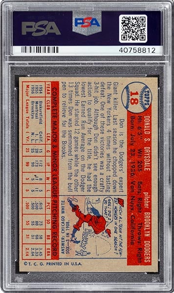 1957 Topps Don Drysdale rookie baseball card #18 graded PSA 9 back side