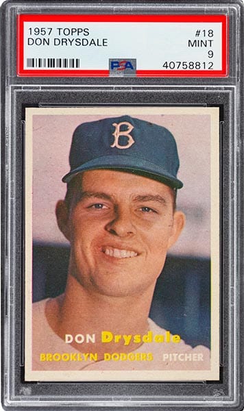 1957 Topps Don Drysdale rookie baseball card #18 graded PSA 9