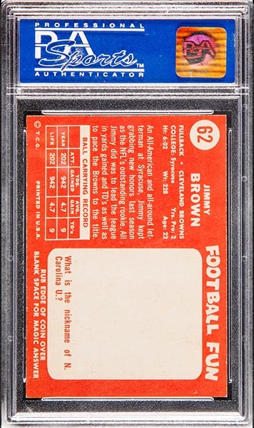 1958 Topps Jim Brown football rookie card #62 graded PSA 9 back