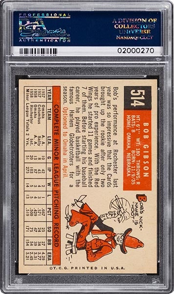 1959 Topps Bob Gibson rookie card #154 graded PSA 10 back side