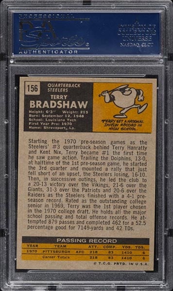 1971 Topps Terry Bradshaw football rookie card #156 graded PSA 10 back