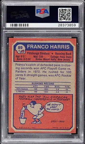 1973 Topps Franco Harris RC #89 graded back