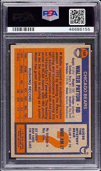 1976 Topps Walter Payton rookie card #148 graded PSA 10 back