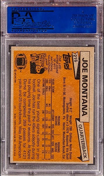 1981 Topps Joe Montana rookie card #216 graded PSA 10 back