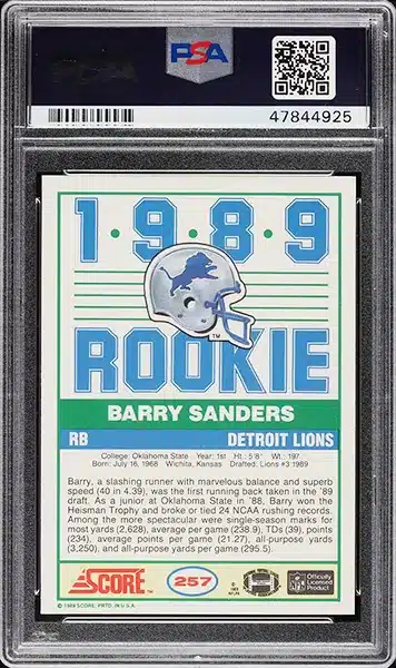 1989 Score Football Barry Sanders ROOKIE #257 PSA 10 GEM MINT back side