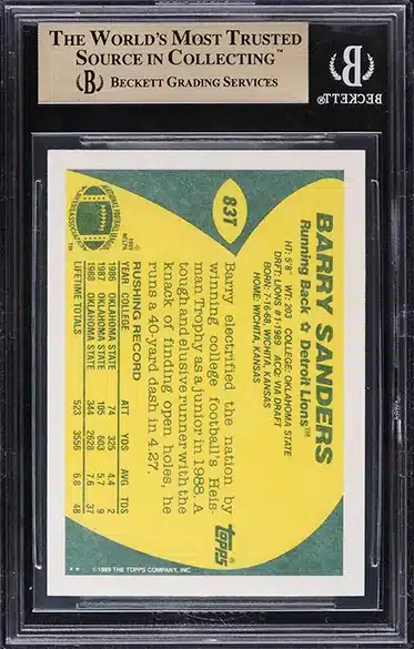 1989 Topps Traded Barry Sanders ROOKIE #83T BGS 10 PRISTINE back side
