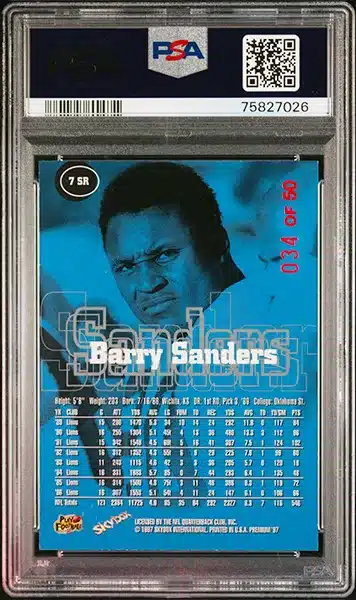 1997 SkyBox Premium Rubies #7SR Barry Sanders (#034/50) – PSA NM-MT 8 back side