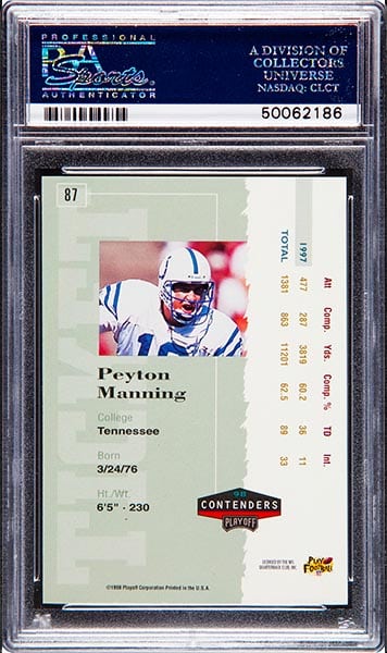 1998 Playoff Contender Rookie Ticket Autograph Peyton Manning #87 graded PSA 10 back