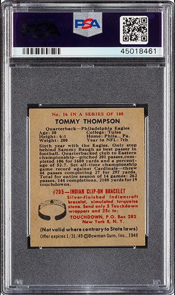 1948 Bowman Tommy Thompson rookie card #16 graded PSA 9 backside