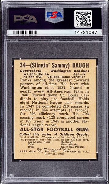 1948 Leaf Sammy Baugh rookie card graded PSA 8.5 back