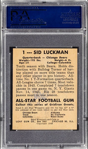 1948 Leaf Sid Luckman rookie card graded PSA 7 back