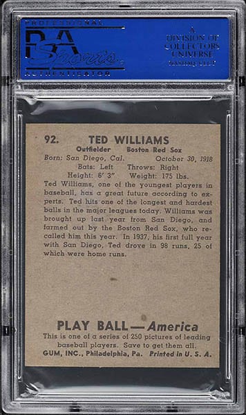 1939 PLAY BALL TED WILLIAMS ROOKIE CARD #92 GRADED PSA 8 back side