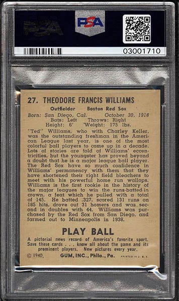 1940 PLAY BALL TED WILLIAMS CARD #27 back side