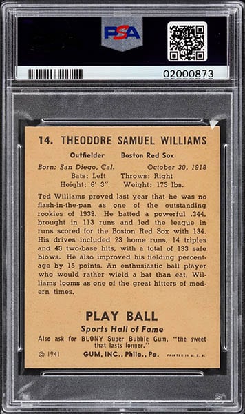 1941 PLAY BALL TED WILLIAMS CARD #14 back