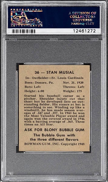 1948 BOWMAN STAN MUSIAL ROOKIE CARD #36 GRADED PSA 9 Back