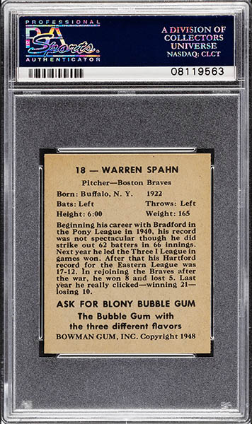 1948 BOWMAN WARREN SPAHN ROOKIE BASEBALL CARD #18 GRADED PSA 9 CONDITION BACK SIDE