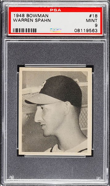 1948 BOWMAN WARREN SPAHN ROOKIE BASEBALL CARD #18 GRADED PSA 9 CONDITION