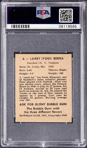1948 Bowman Yogi Berra Rookie Card #6 graded PSA 9