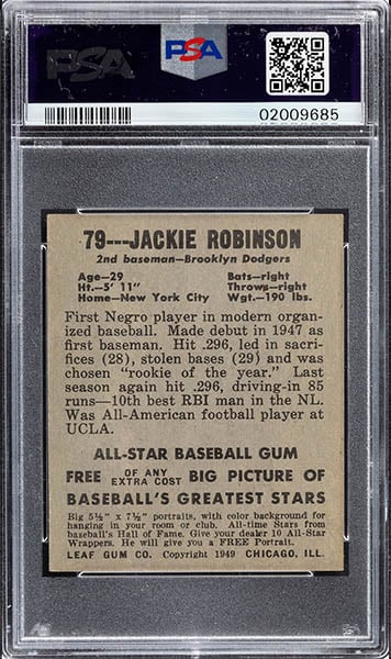 1948 JACKIE ROBINSON ROOKIE CARD #79 GRADED PSA 8 BACK