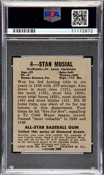 1948 LEAF STAN MUSIAL ROOKIE CARD #4 GRADED PSA 9 BACK