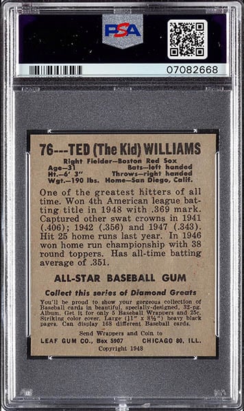 1948 LEAF TED WILLIAMS CARD #76 back