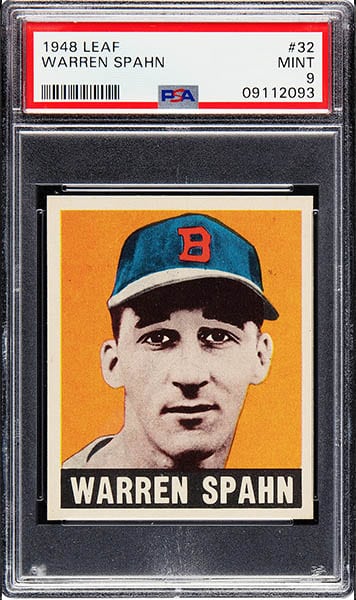 1948 LEAF WARREN SPAHN ROOKIE BASEBALL CARD #32 GRADED PSA 9 CONDITION