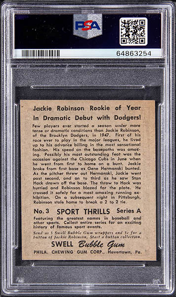 1948 SWELL SPORT THRILLS DRAMATIC DEBUT JACKIE ROBINSON CARD #3 GRADED PSA 6 BACK