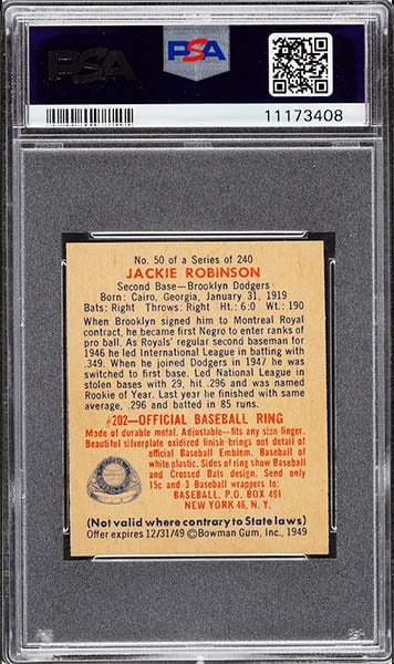 1949 BOWMAN JACKIE ROBINSON CARD #50 GRADED PSA 9 Back