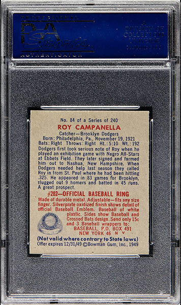 1949 BOWMAN ROY CAMPANELLA ROOKIE BASEBALL CARD #84 GRADED PSA 9 MINT CONDITION BACK SIDE