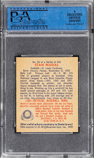 1949 BOWMAN STAN MUSIAL CARD #24 GRADED PSA 9 BACK