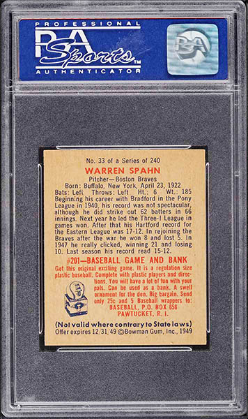1948 LEAF WARREN SPAHN ROOKIE BASEBALL CARD #32 GRADED PSA 9 CONDITION BACK SIDE