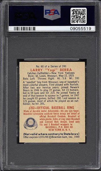 1949 Bowman Yogi Berra Card #60 graded PSA 8