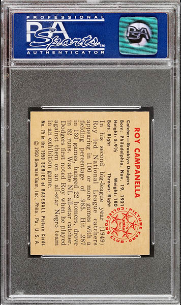 1950 BOWMAN ROY CAMPANELLA CARD #75 GRADED PSA 9 MINT CONDITION BACK