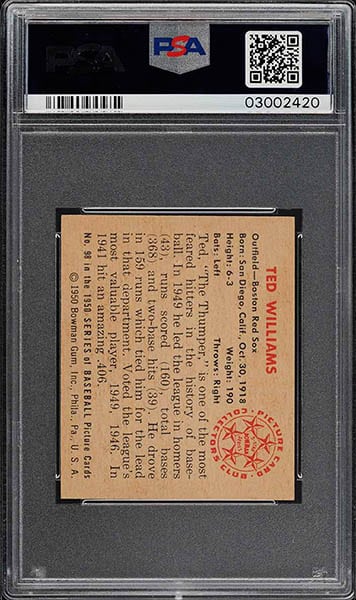 1950 BOWMAN TED WILLIAMS CARD #98 back