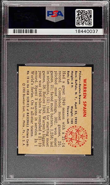 1950 BOWMAN WARREN SPAHN CARD #19 BACK SIDE