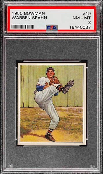 1950 BOWMAN WARREN SPAHN BASEBALL CARD #19 GRADED PSA 8 CONDITION