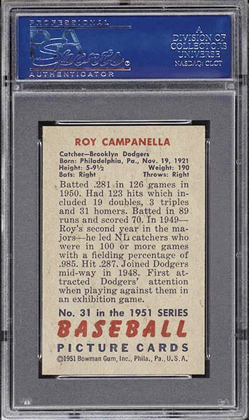 1951 BOWMAN ROY CAMPANELLA CARD #31 GRADED PSA 9 MINT CONDITION BACK