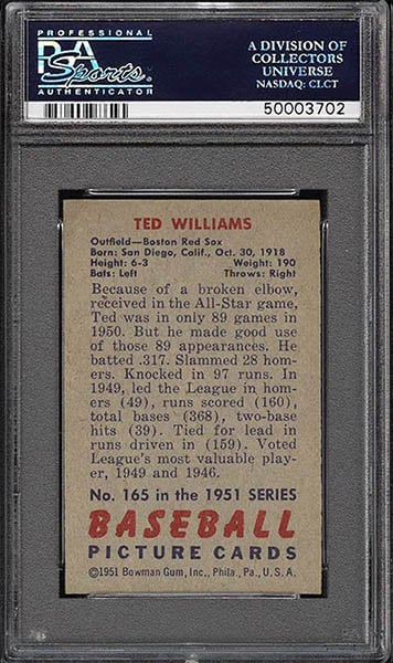 1951 BOWMAN TED WILLIAMS CARD #165 back