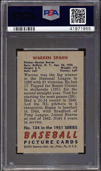 1951 Bowman Warren Spahn baseball card #34 graded PSA 8 back side