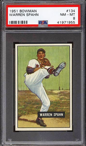 1951 Bowman Warren Spahn baseball card #34 graded PSA 8