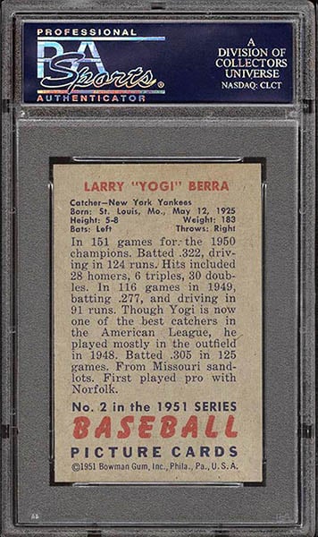 1951 Bowman Yogi Berra baseball card #2 graded PSA 8 back side