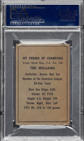 1952 BERK ROSS TED WILLIAMS CARD back