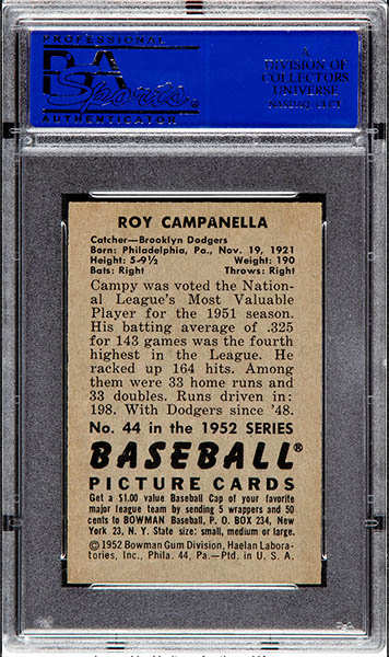 1952 BOWMAN ROY CAMPANELLA CARD #44 BACK